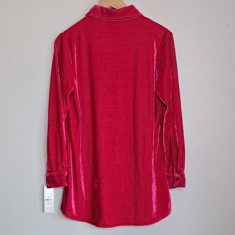 Rebecca Malone Fuchsia Pink Velvet Collared Button-up Tunic Blouse Long Slv S - Picture 2 of 11